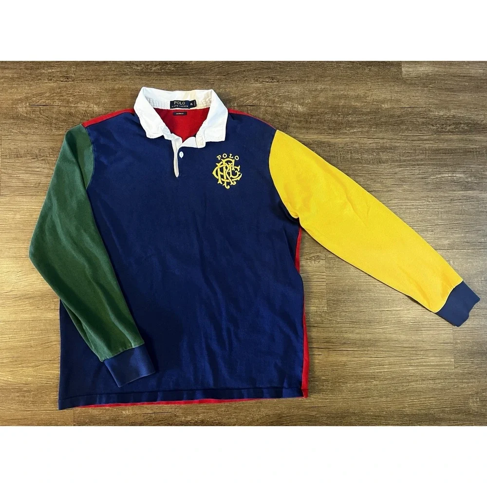 Vtg 90's Polo Ralph Lauren Multi Color Cotton Men's Rugby XL Color Block F36